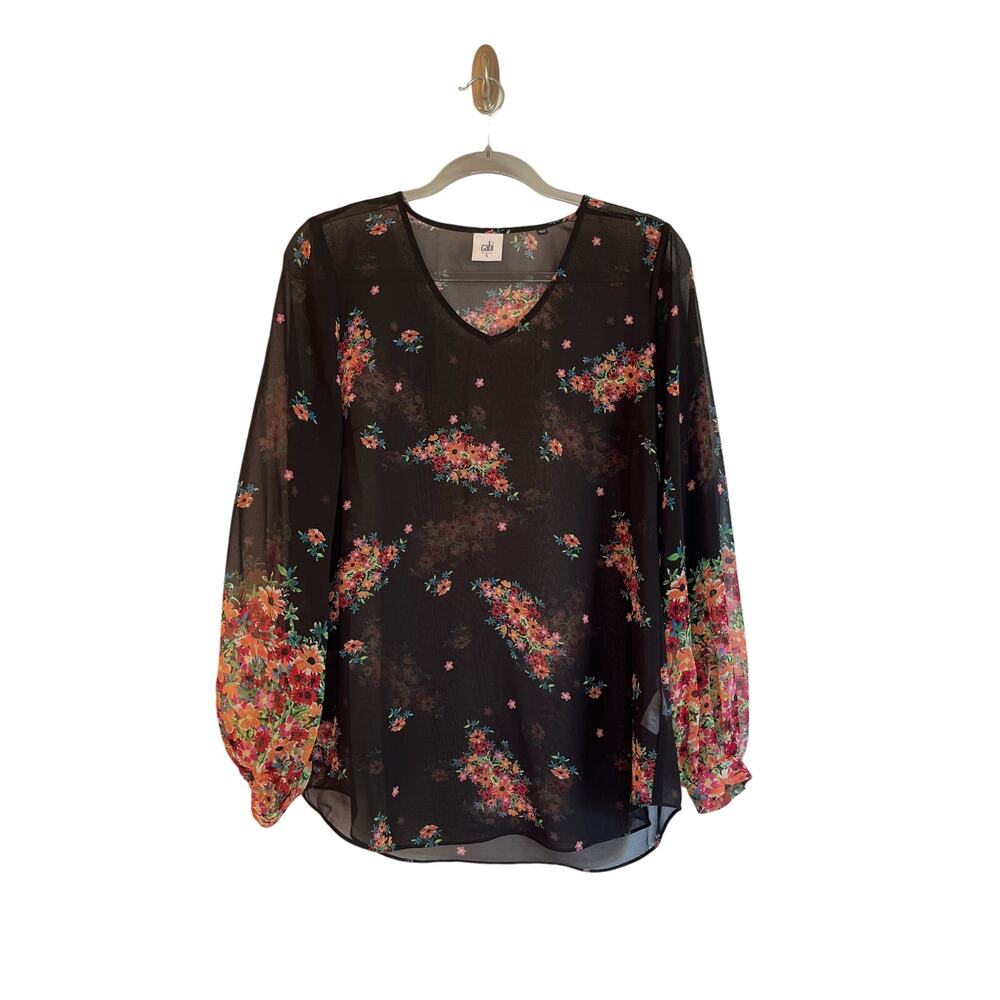 Cabi Blooming Blouse Sheer Floral Chiffon Long Sleeve Size S Black Boho Cottage